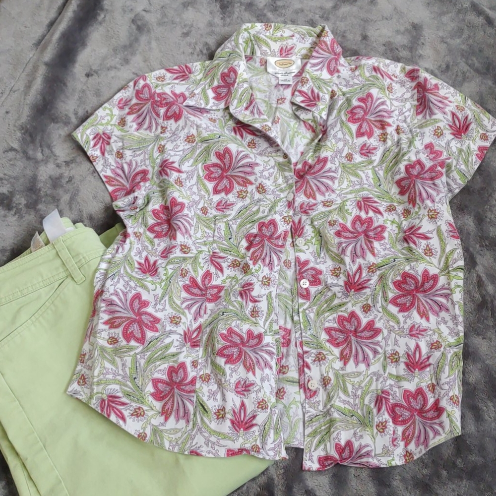 Talbots Spring Green Pink Floral Blouse Size 10